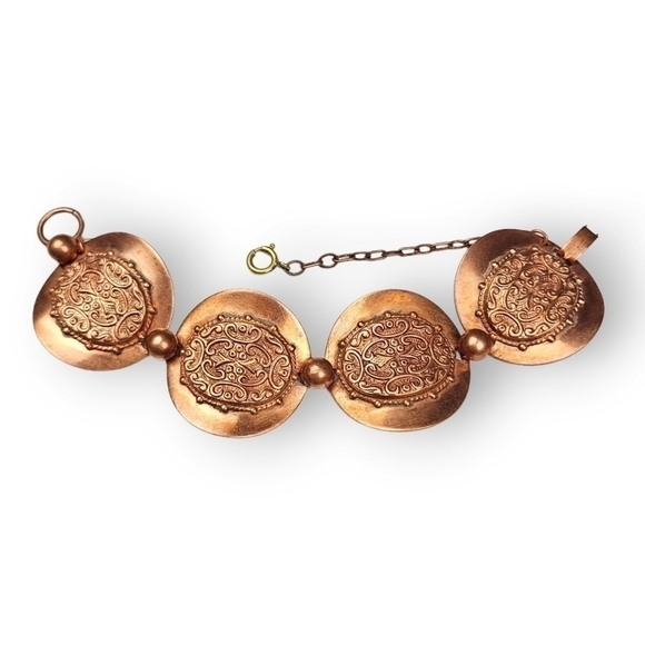 Southwestern Copper Bracelet Harvest Corn Embossed Round Link Chain Vtg 7.25" - Picture 1 of 9